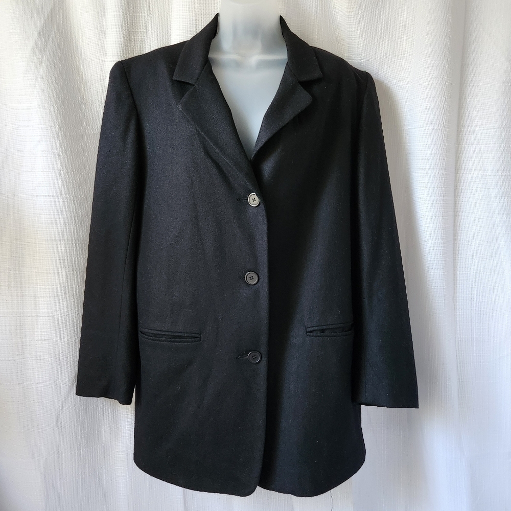 Vintage Dumas Black Pure Wool Long Blazer Jacket Womens Size L Bussiness Casual
